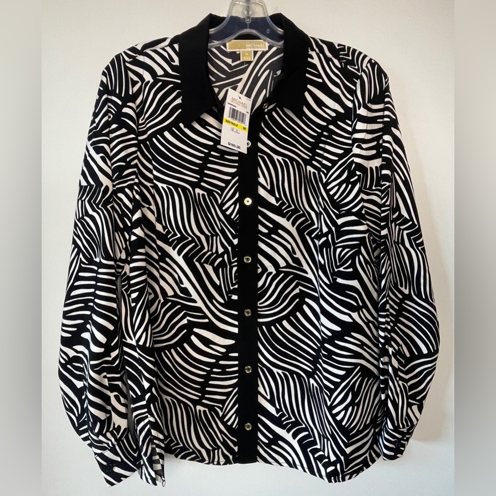 NWT MICHAEL Michael Kors Zebra Print Silk-Look Button Down Blouse M $165
